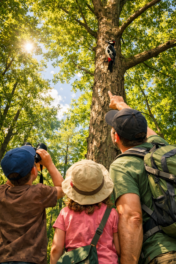 Drei Personen, darunter zwei Kinder und ein Erwachsener mit Rucksack, blicken zu einem Specht an einem Baumstamm und zeigen darauf