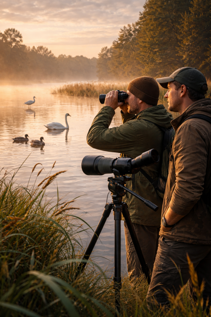 Zwei M&auml;nner an einem Seeufer beobachten mit Fernglas und Kamera auf Stativ mehrere Schw&auml;ne und Enten im Wasser bei Sonnenaufgang